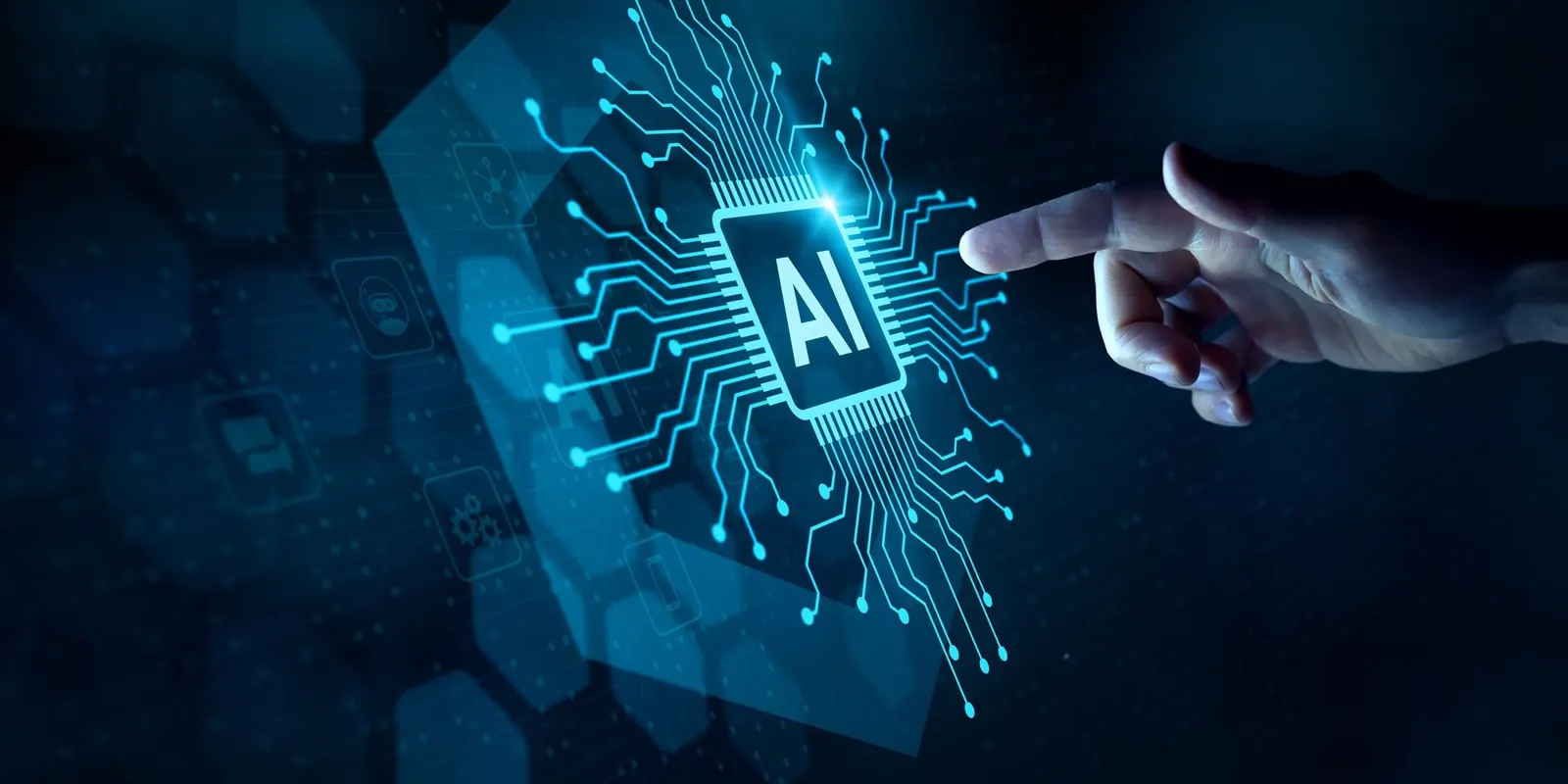 A hand is pointing at a computer chip with the word AI on it.